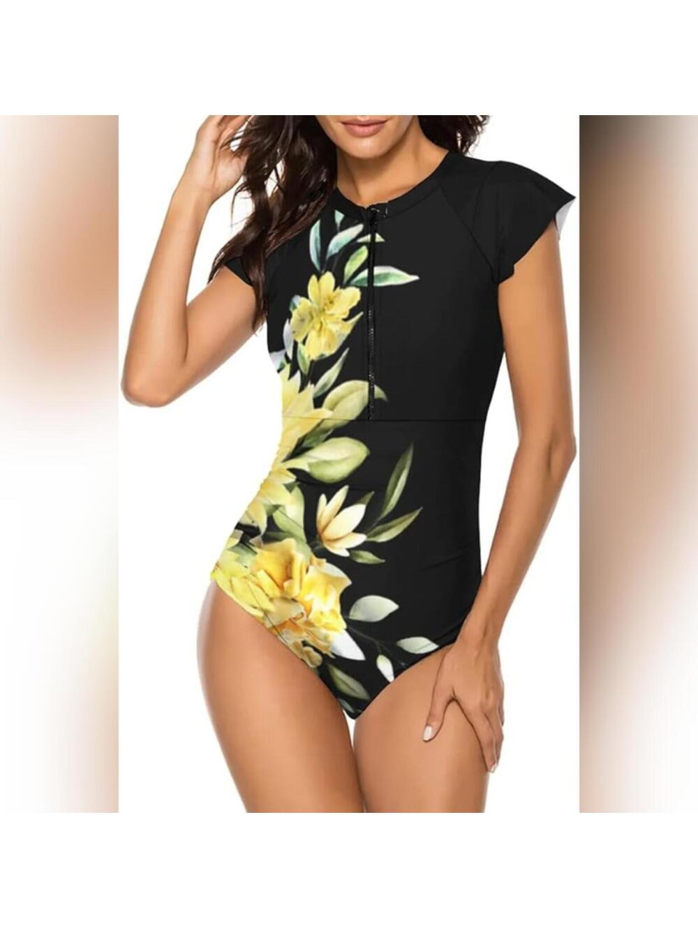 NWOT Wolddress One Piece Short Sleeve Zipper Front Athletic Swimsuit, L (12-14)
